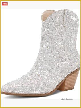 Cowgirl Ankle Boots Western Booties Rhinestone Chunky Heel Side Zipper Fashion